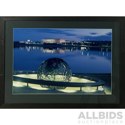 Photographer Unknown, Framed Photograph of Canberra, National Library Behind Lake Burley Griffin with Captain Cook Memorial,  50 x 75 cm (image)