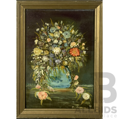 G Von Oosterhout, Still Life Blue Vase of Flowers, Oil on Canvas Board, 85 x 62 cm (frame)