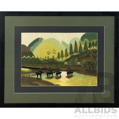 Artist Unknown, Crossing The River,  Framed Long Stitch Embroidery, 63 x 77.5 cm (frame)