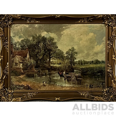 Artist Unknown, Country Scene - Wagon Crossing the River, Antique Oleograph, 60 x 69 cm (frame)