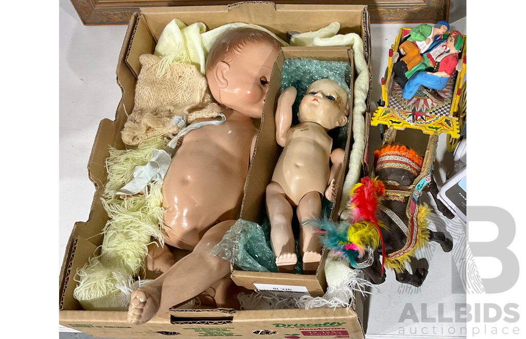 Two Vintage Baby Dolls and Carriage Horse