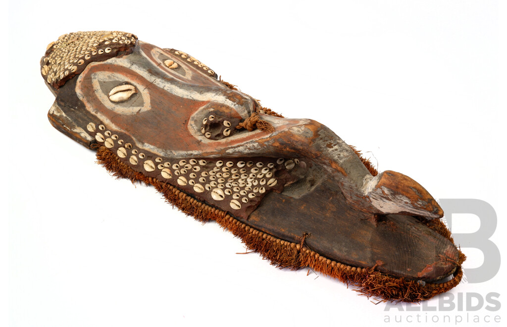 Vintage PNG Sepik River Wooden and Poychrome Decorated Mask with Cowrie Shell Eyes and Deatil