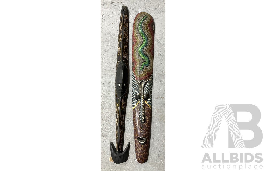 Two Contemporary Tribal Items Comprising PNG Spirit Hook and Dot Painted Long Australian Indigenous Mask