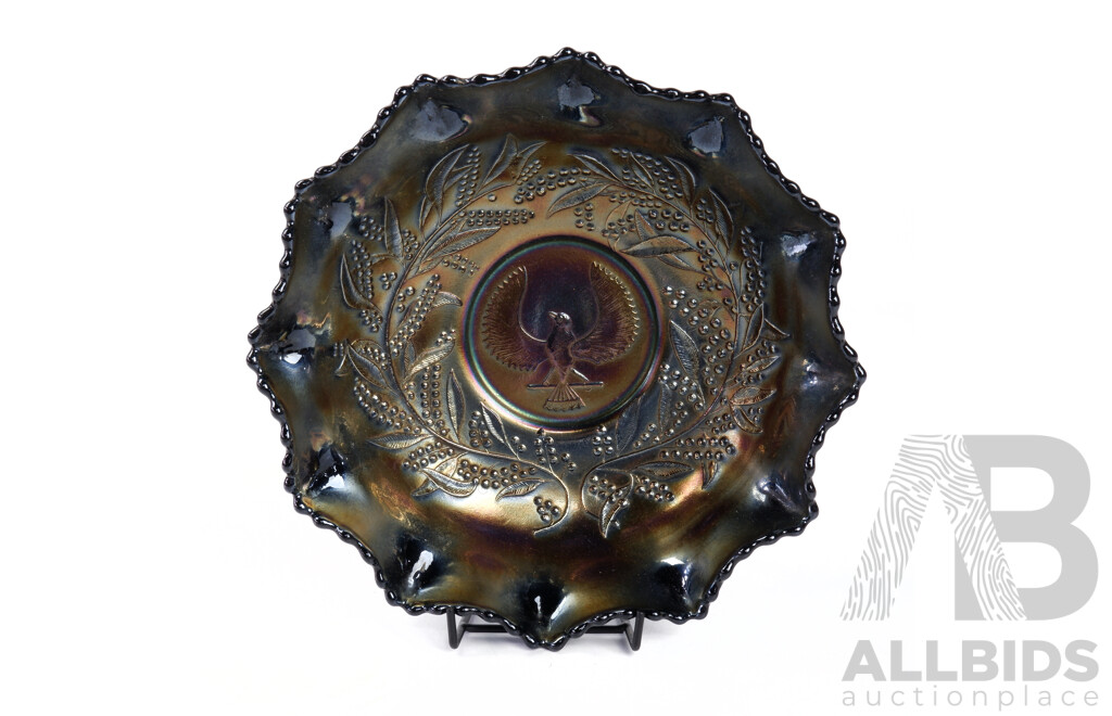 Black Amethyst Carnival Glass Dish with Fluted Edge and Piping Shrike Bird Motif to Inside Base