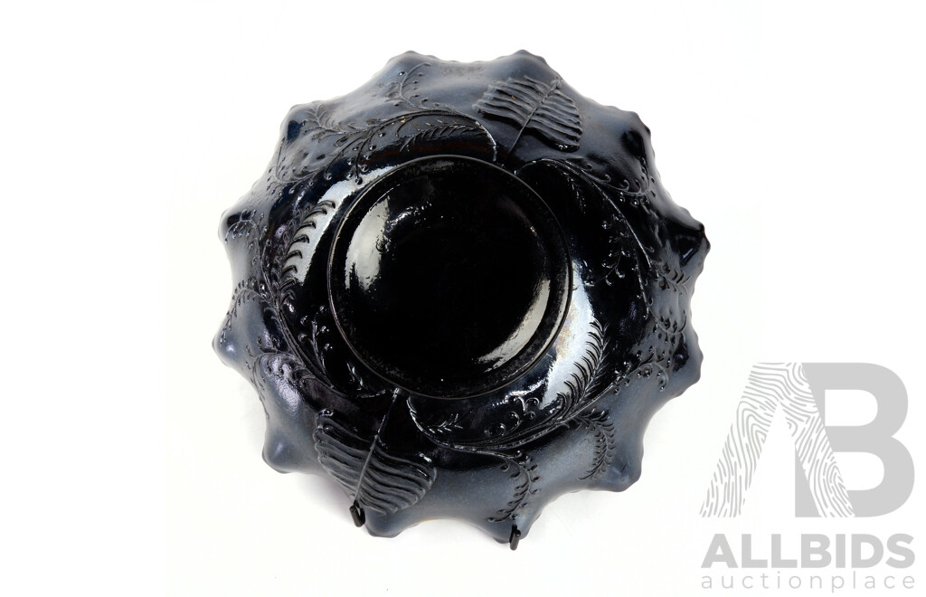 Black Amethyst Carnival Glass Dish with Fluted Edge and Piping Shrike Bird Motif to Inside Base