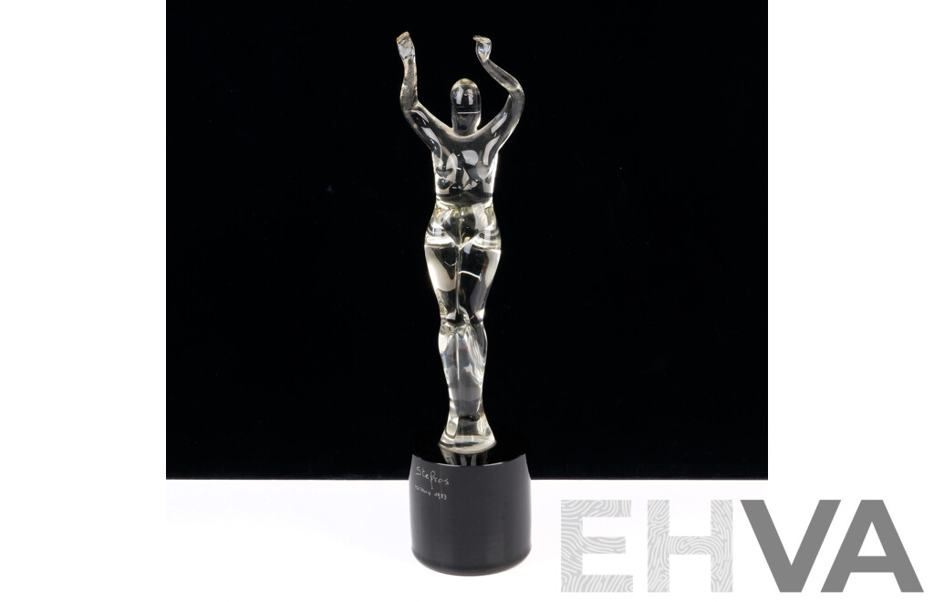 Vintage Hand Made Italian Murano Glass Figure on Plinth, Signed Stefros Murano 1983 to Front Base