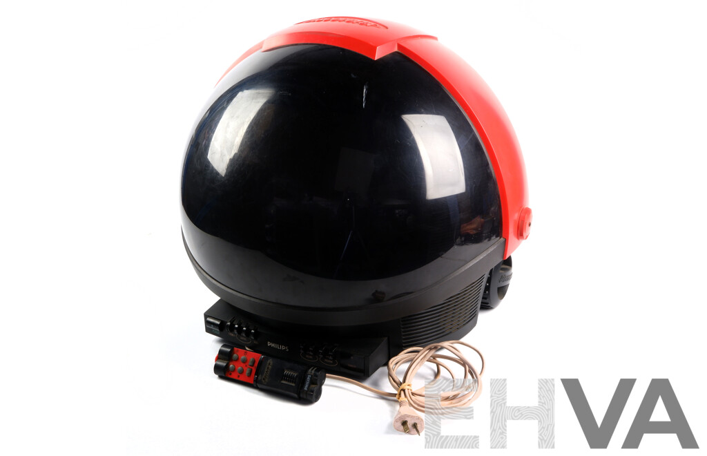 Vintage Philips Helmet Form Discoverer Television with Remote Control and Power Cord