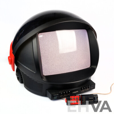 Vintage Philips Helmet Form Discoverer Television with Remote Control and Power Cord