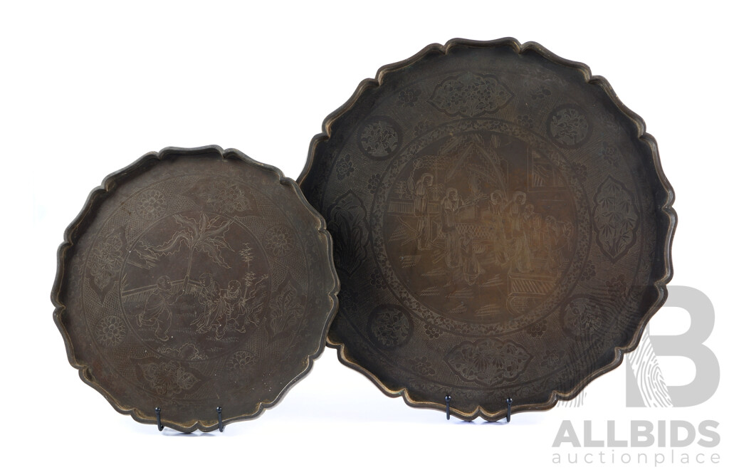 Two Vintage Chinese Brass Trays with Fluted Edge and Engraved Decoration