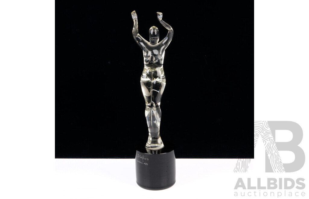 Vintage Hand Made Italian Murano Glass Figure on Plinth, Signed Stefros Murano 1983 to Front Base