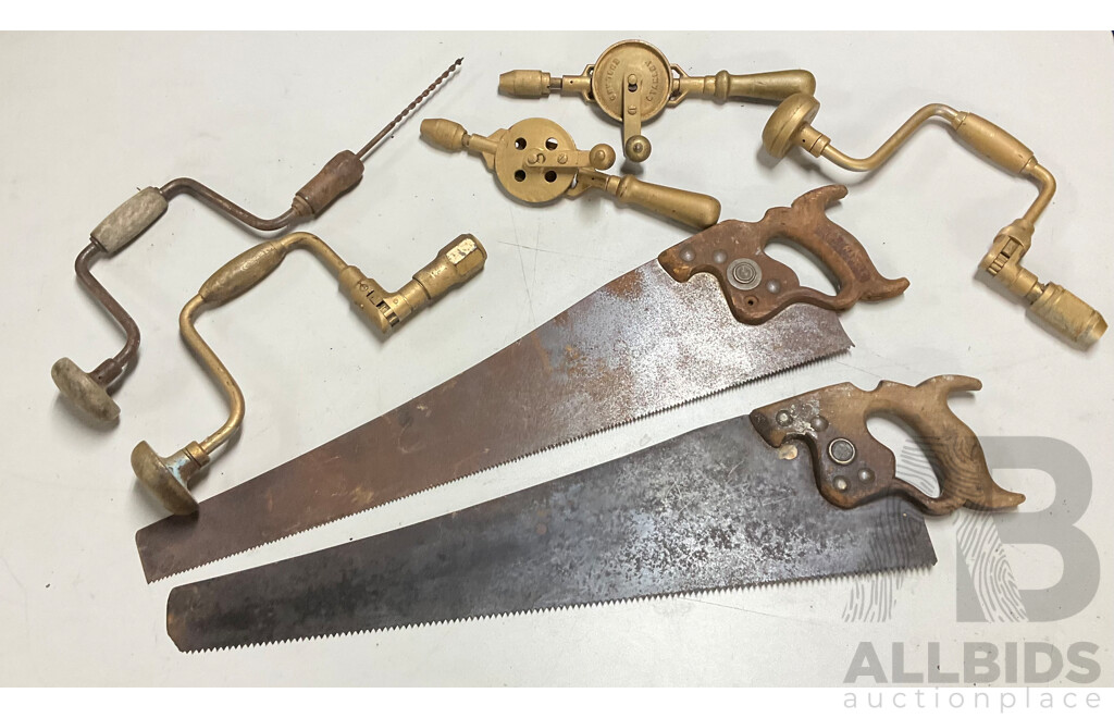 Vintage Wood Working Tools Including Early Spear and Jackson and Warrented Superior Hand Saws, Stanley Breast Drills and Hand Dills