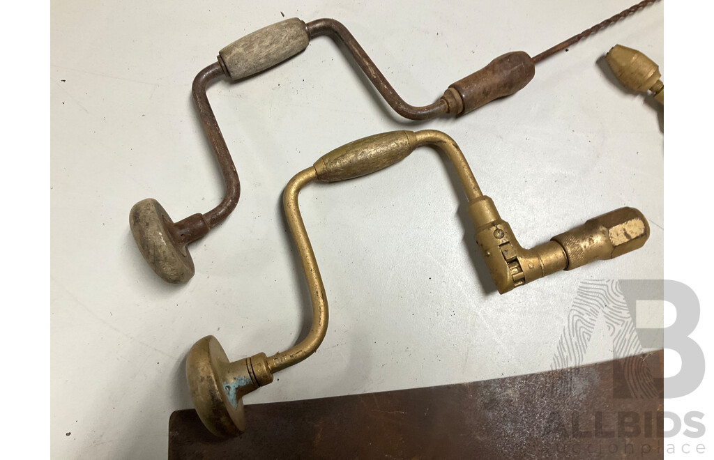 Vintage Wood Working Tools Including Early Spear and Jackson and Warrented Superior Hand Saws, Stanley Breast Drills and Hand Dills