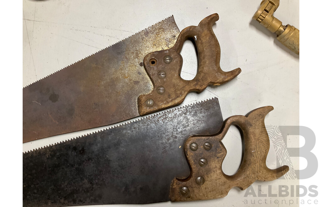 Vintage Wood Working Tools Including Early Spear and Jackson and Warrented Superior Hand Saws, Stanley Breast Drills and Hand Dills