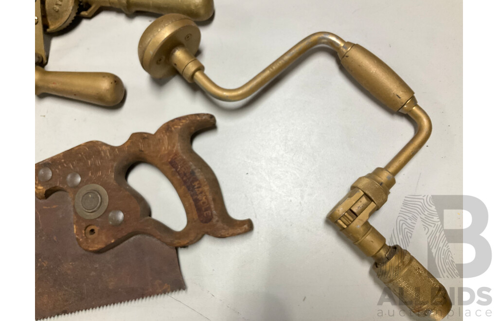 Vintage Wood Working Tools Including Early Spear and Jackson and Warrented Superior Hand Saws, Stanley Breast Drills and Hand Dills