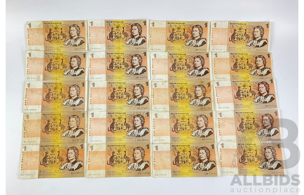 Twenty Australian One Dollar Notes Including Johnston/Stone, Knight/Stone, Knight/Wheeler