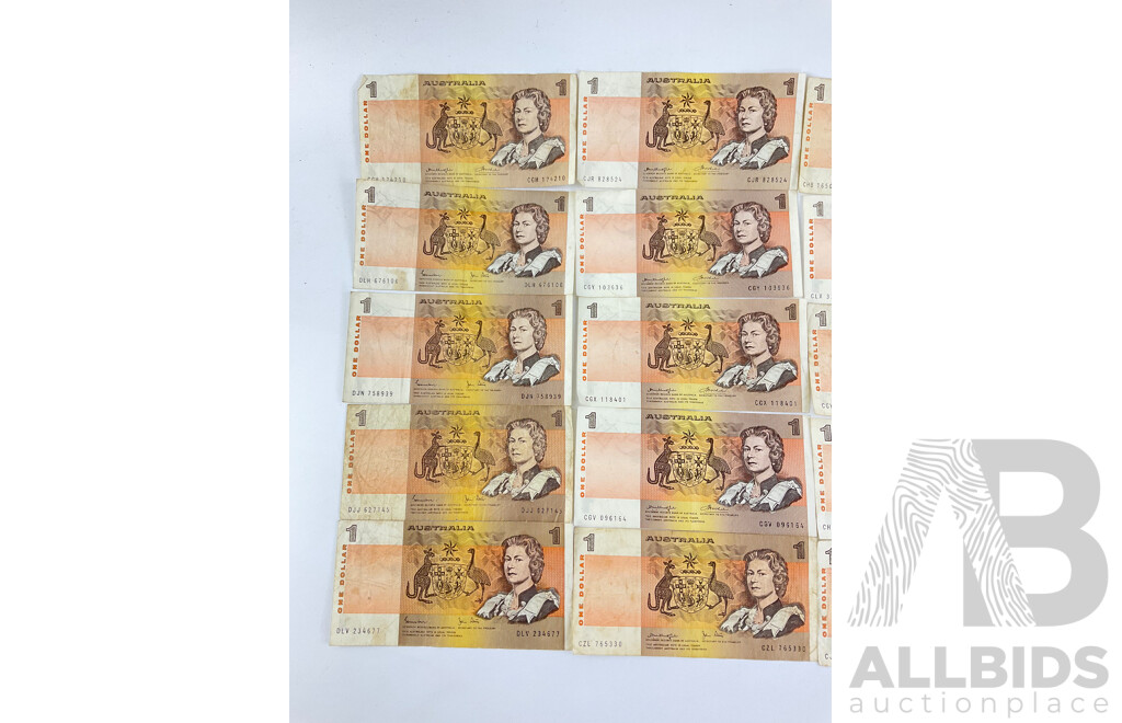 Twenty Australian One Dollar Notes Including Johnston/Stone, Knight/Stone, Knight/Wheeler