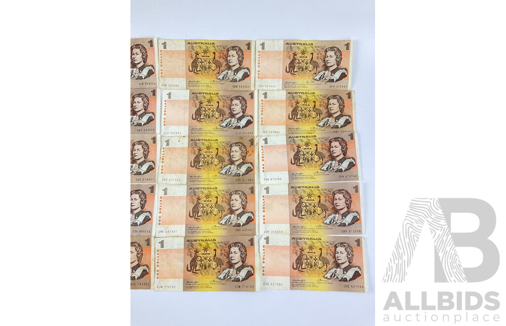 Twenty Australian One Dollar Notes Including Johnston/Stone, Knight/Stone, Knight/Wheeler