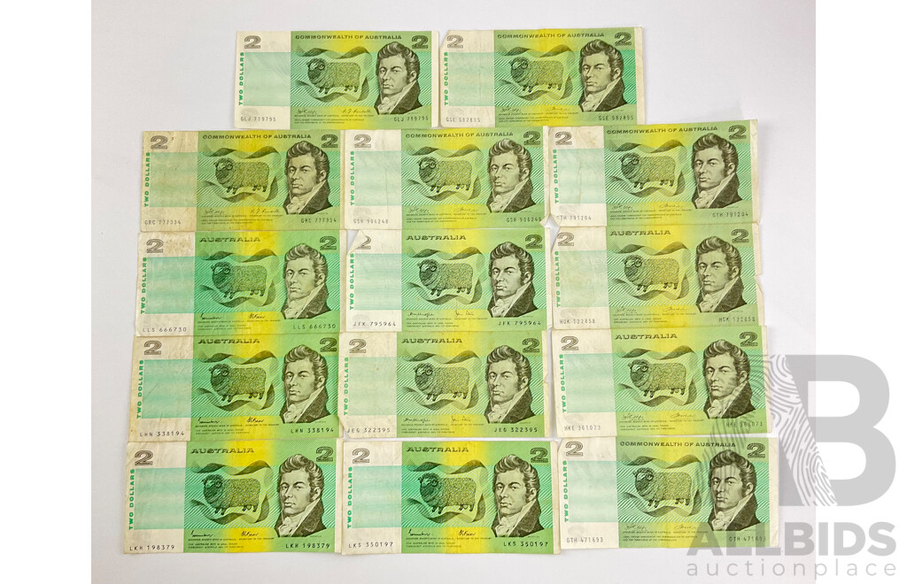 Collection of Australian 1960's 70's and 80's Two Dollar Notes Including Phillips/Randall, Phillips/Wheeler, Knight/Stone and Johnston/Fraser