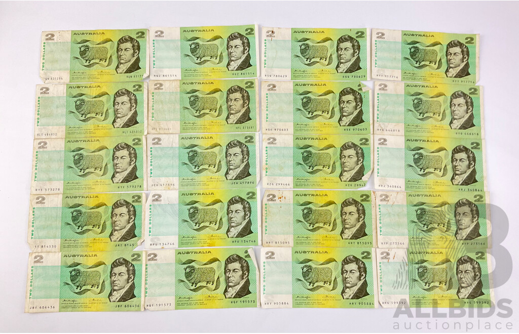 Collection of Australian 1970's Two Dollar Notes, Knight/Wheeler