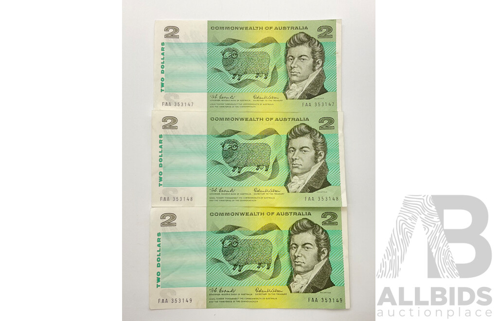 Australian 1966 COA Two Dollar Notes, Coombs/Wilson First Prefix Consecutive FAA 353147 - FAA 353149