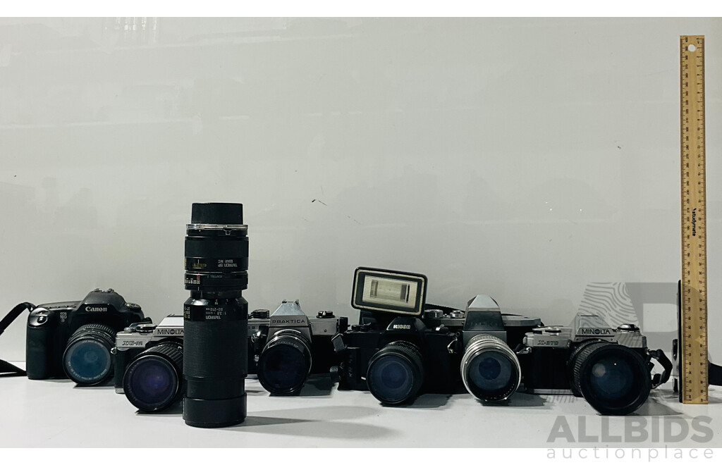 Collection of Vintage Cameras and Camera Equipment Including Minolta X-370, Minolta -X-GM, Hanimex TS855 Camera Flash and Much More