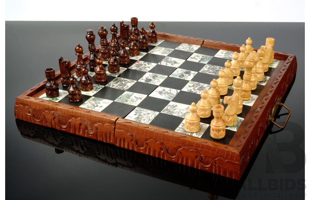 Chinese Fold Out Wooden Chess Set with Carved Wooden Pieces