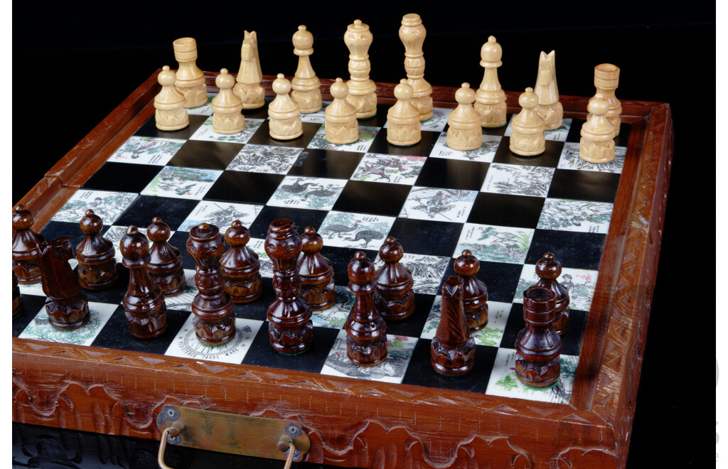 Chinese Fold Out Wooden Chess Set with Carved Wooden Pieces