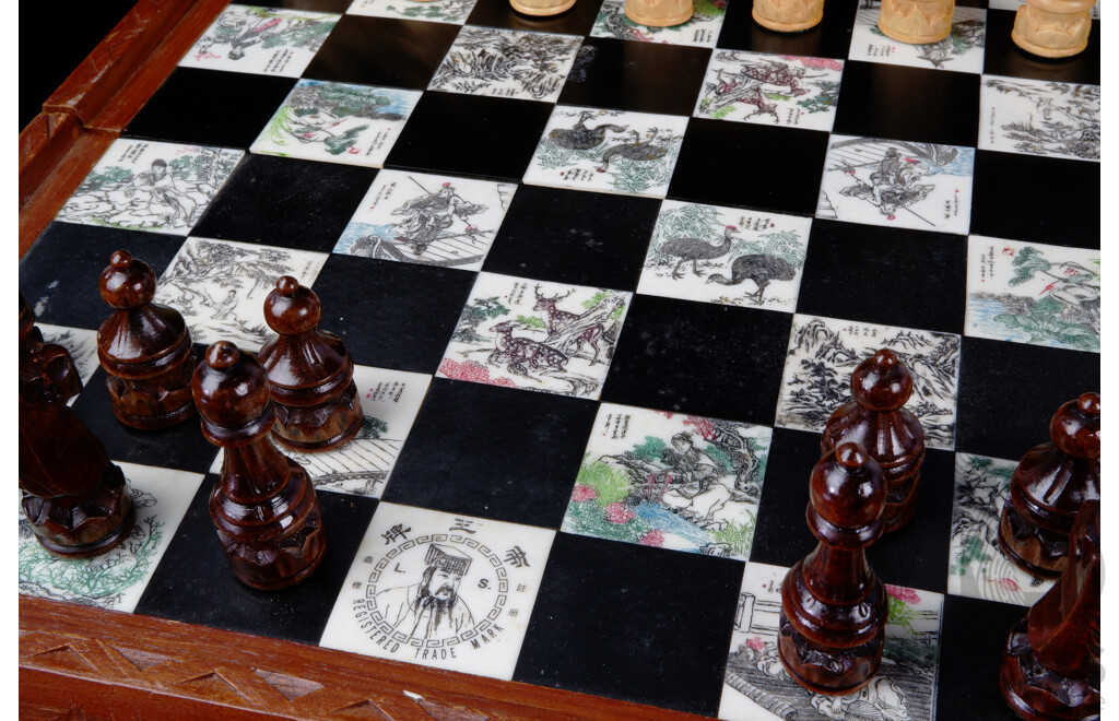 Chinese Fold Out Wooden Chess Set with Carved Wooden Pieces