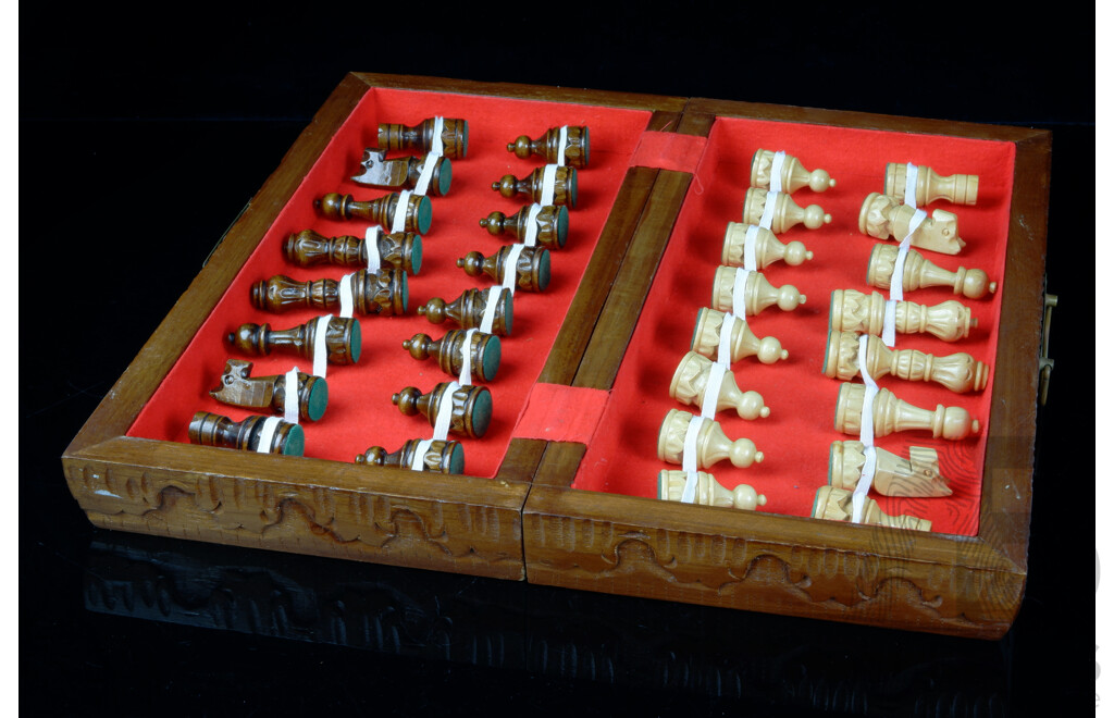 Chinese Fold Out Wooden Chess Set with Carved Wooden Pieces