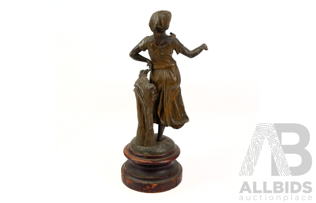 Vintage French Spelter Statue of L' Agriculture on Wooden Plinth