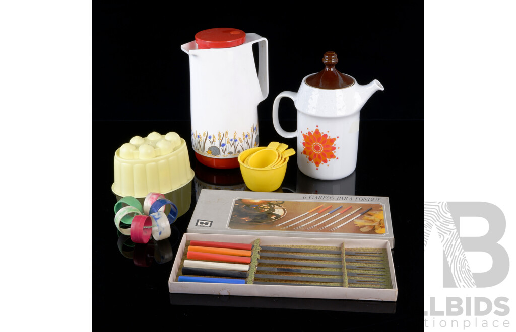 Collection Mid Century Items Including West German DR Zimmermann Thermos, Kaiser Lidded Coffee Pot, Set Six Fondue Forks in Original Boxes and More