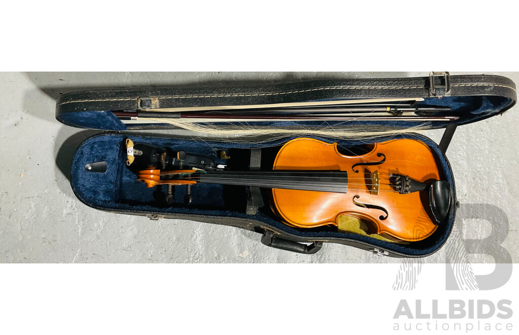 Vintage Viola in Original Carry Case with Three Bows of Diverse Sizes - One Requiring Repair with Horse Hair Loose