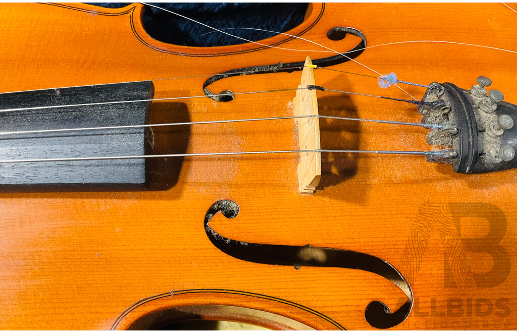 Vintage Viola in Original Carry Case with Three Bows of Diverse Sizes - One Requiring Repair with Horse Hair Loose