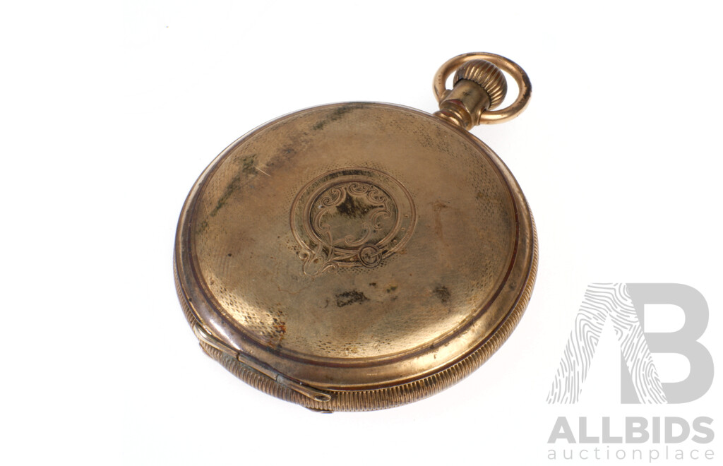 Antique Elgin Pocket Watch, Etched Yellow Gold Plated Casing, 50mm