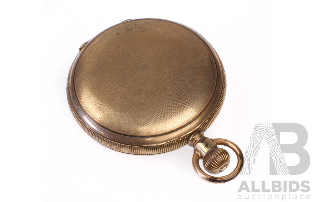 Antique Elgin Pocket Watch, Etched Yellow Gold Plated Casing, 50mm