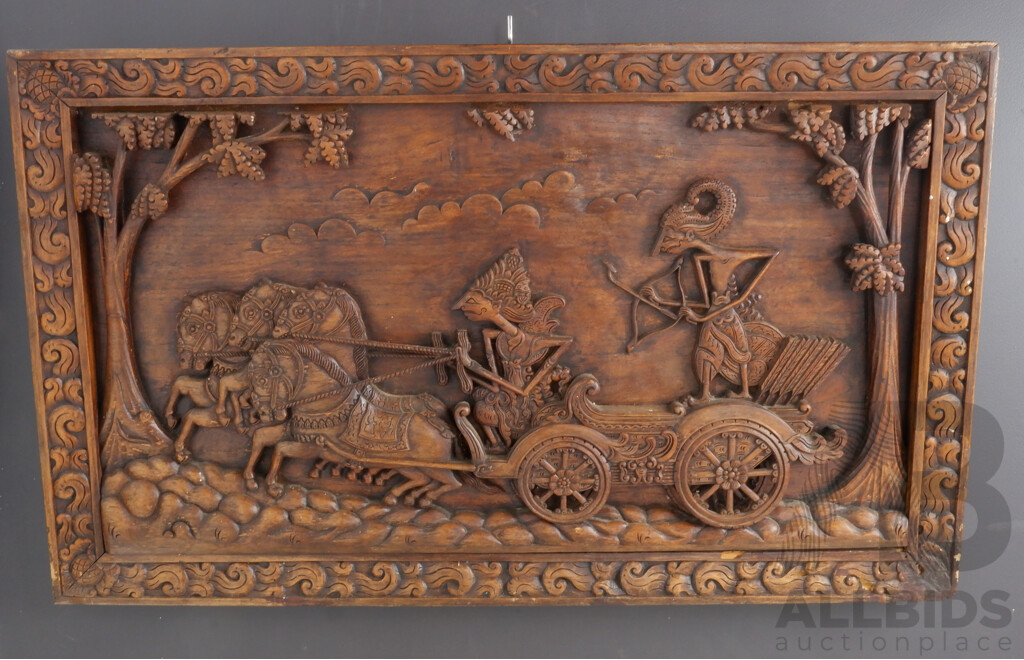 Carved Timber Panel of Chariot Race