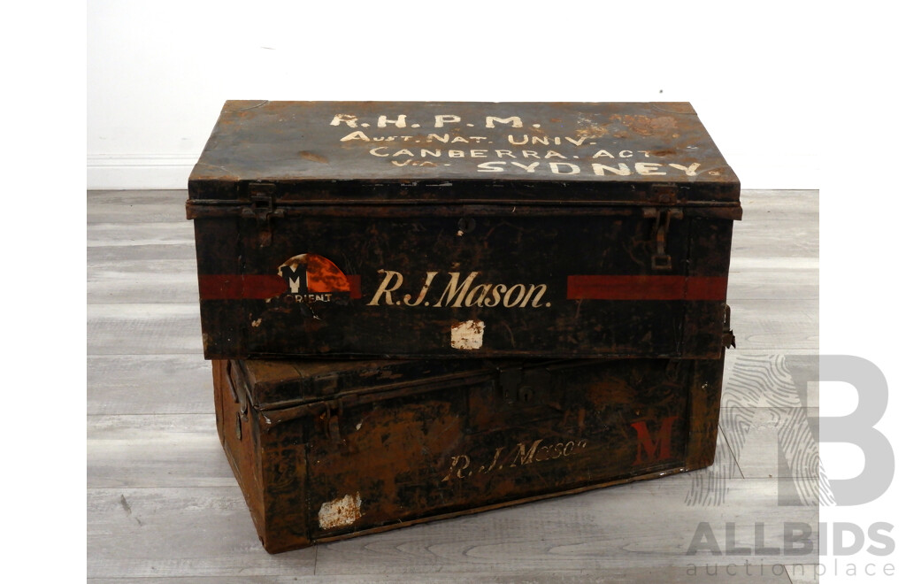 Pair of Metal Shipping Trunks