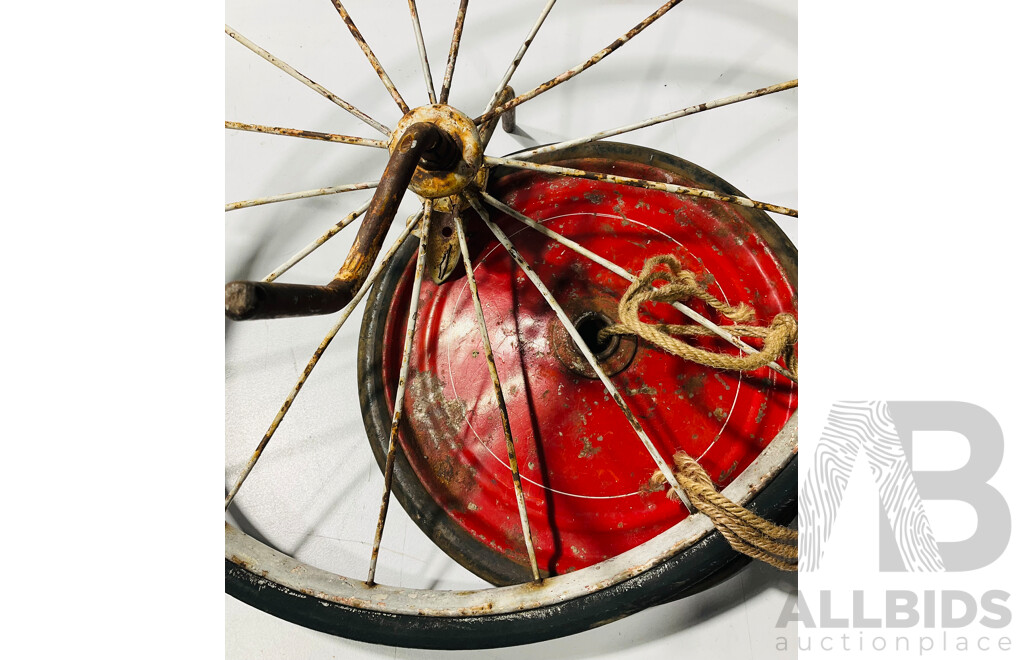 Trio of Vintage Wheels Including Bicycle Wheel with Pedals