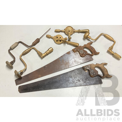 Vintage Wood Working Tools Including Early Spear and Jackson and Warrented Superior Hand Saws, Stanley Breast Drills and Hand Dills