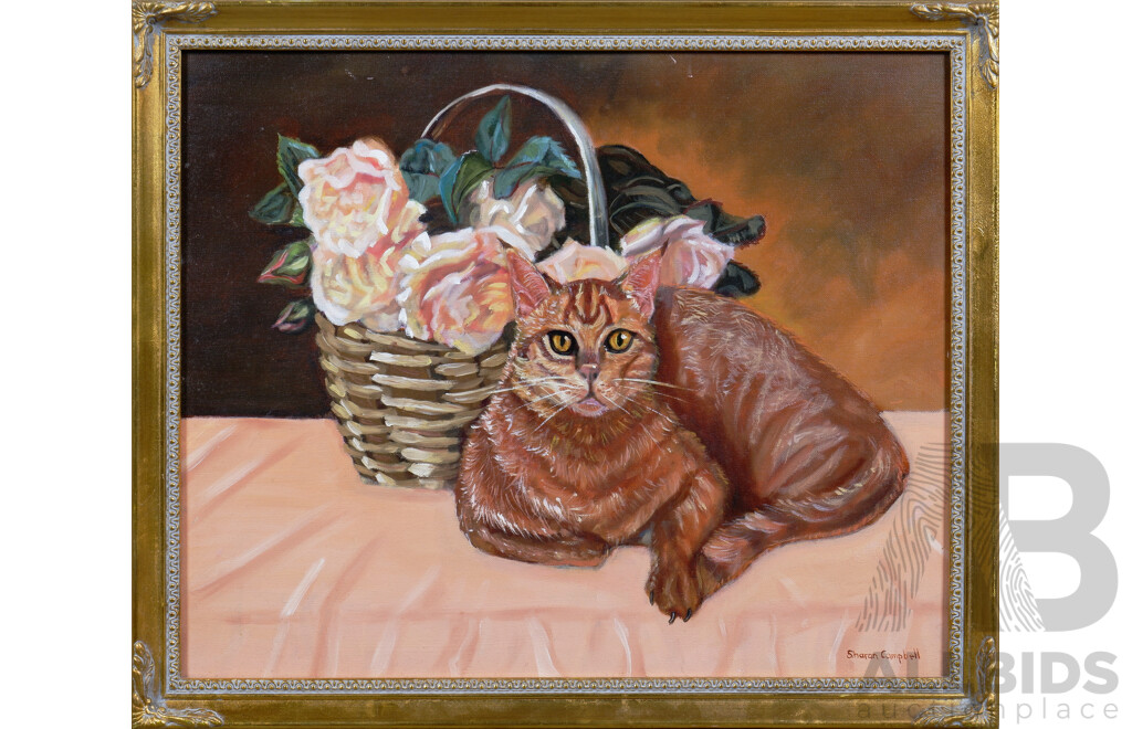 Sharon Campbell, Cat and Roses, Acrylic on Canvas