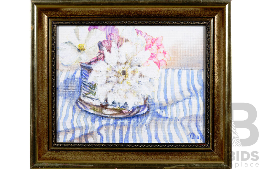 Trevor Dunbar, Flowers & Striped Tablecloth, Acrylic on Canvasboard