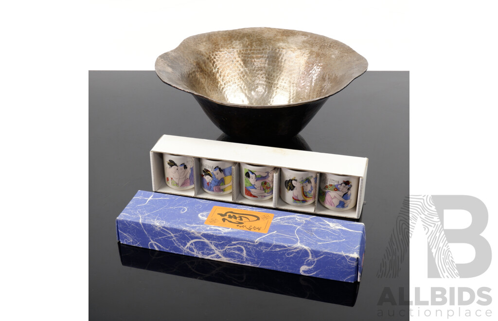 Hand-Beaten Steel Bowl together with Set of Five Boxed Japanese Sake Glasses