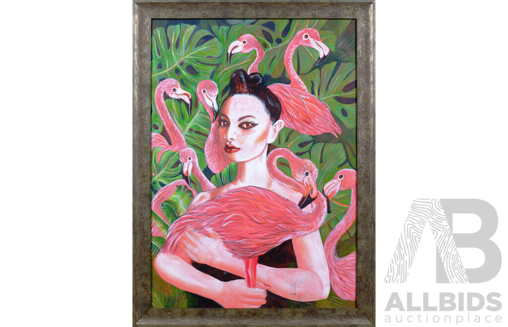 Trevor Dunbar, Woman with Flamingos, Acrylic in Canvas
