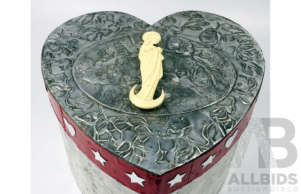 Heart-Shaped Box with Mother & Child Icon, Pressed Metal & Found Objects