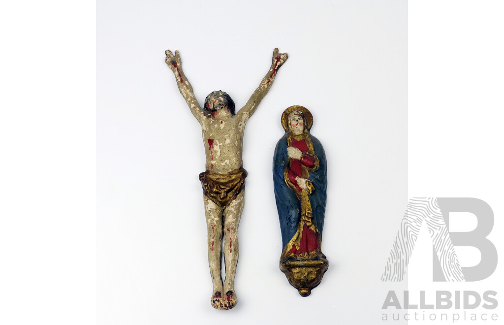 Pair Antique Hand-Painted Metal Croatian Religious Figures (2)
