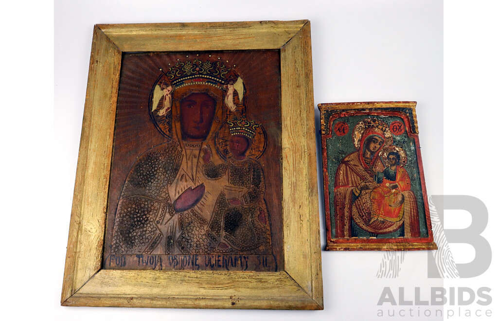 Antique Hand-Carved & Painted Polish Madonna & Child Icon Together With a Smaller Greek Example (2)