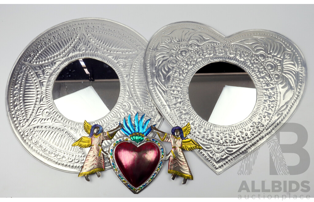 Two Pressed Metal Mirrors Together with Painted Pressed Metal Angels (3)