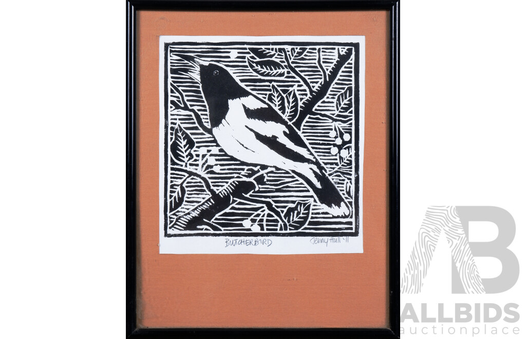 Jenny Hull, Butcherbird 2011, Linocut, Together with Another Pencil Sketch (2)
