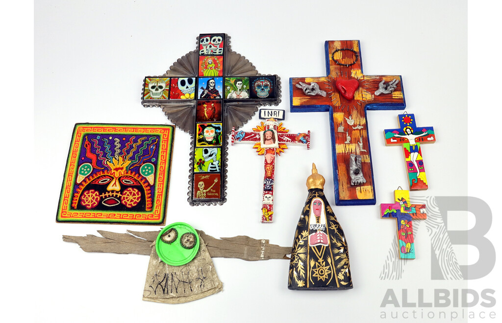 A Collection of Mexican Folk Art Crucifixes Together with a Huicholes Embroidery, North Jalisco