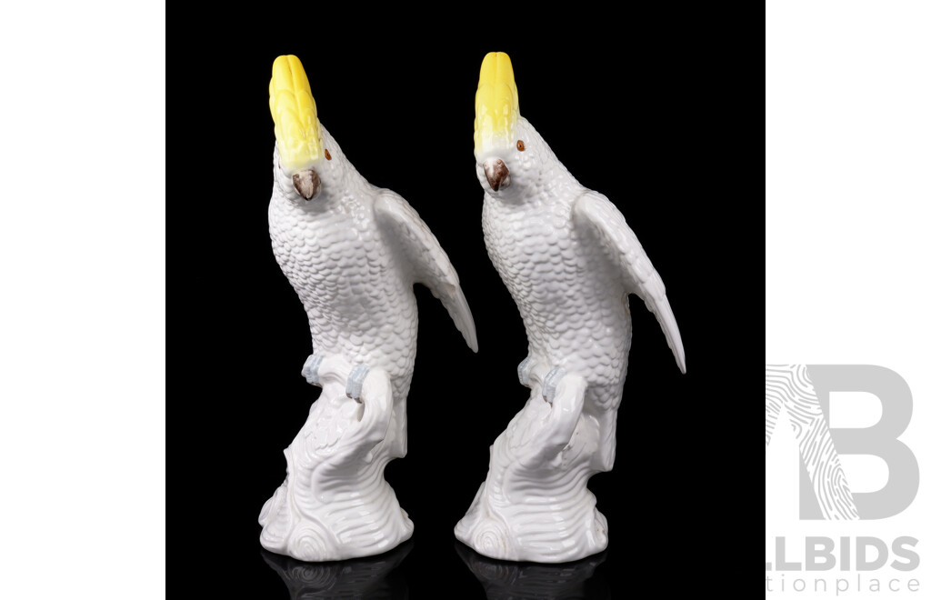 Pair of Vintage Hand-Painted Porcelain Sulphur-Crested Cockatoos (2)